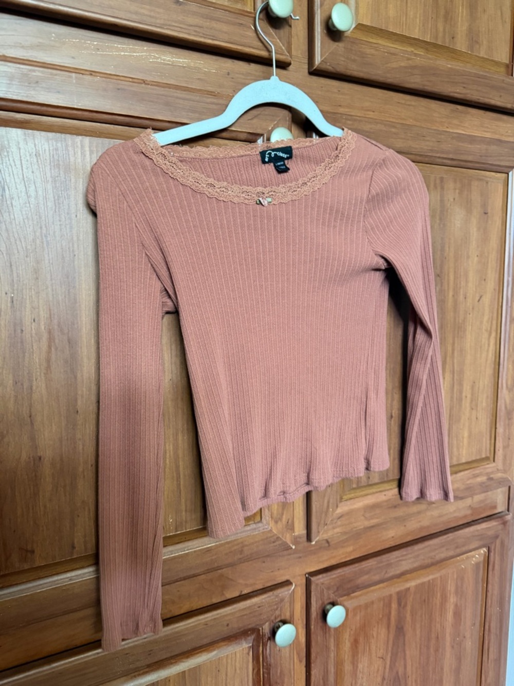 Rue21 Ribbed Long-Sleeve Lace-Trim Top in Rust